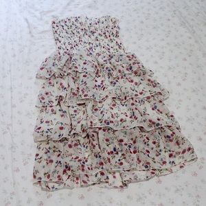 Strapless Ruffled Flower Print Mini Dress